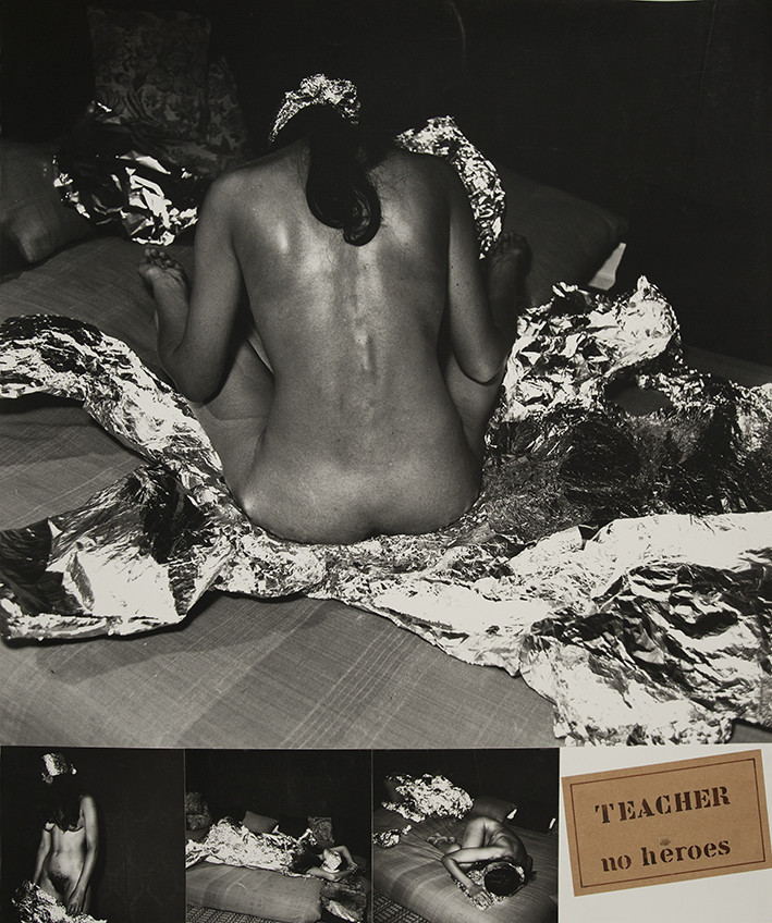 NO HEROES   9       7 – 11 - 81L'idée m'est venue après coup en voyant l'aluminium. L'idée du début, c'était de m'habiller avec du métal, sur un fond noir sans rien derrière . J'ai utilisé le fond en passant derrière ou devant les bandes d'alu. J'avais imaginé un travail très symétrique, très organisé, pour obtenir des images ouvertes, avec de grandes directions. Le héros, je ne l'imagine pas. C'est pas un truc à imaginer. Le héros, c'est une façon d'être qu'a chacun. C'est à l'intérieur que ça se passe.