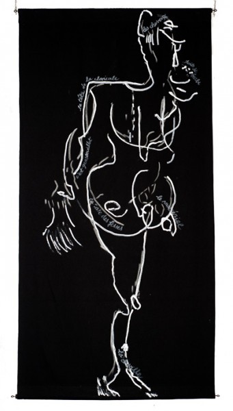 toile tissu noir - dessins de Mado numérisés et agrandis par vidéo projectionDessin à la peinture acrylique blanche, directement au tube, pour créer unrelief, perceptible par les non voyants.200 x 100     2009-2010NDM - CL - PROFIL