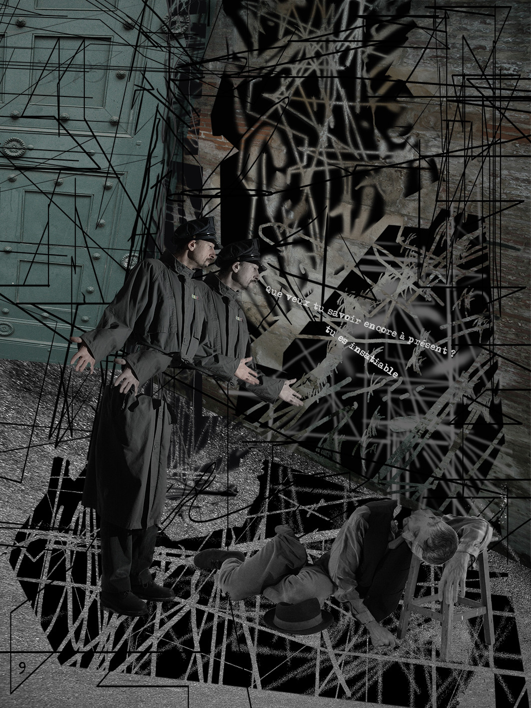 DEVANT LA LOI 9image en hauteur, au format 30 x 40 cm   existe aussi au format 60 x 80Photo montages numériques, dessin, blue screen, impression jet d’encres aux pigments.