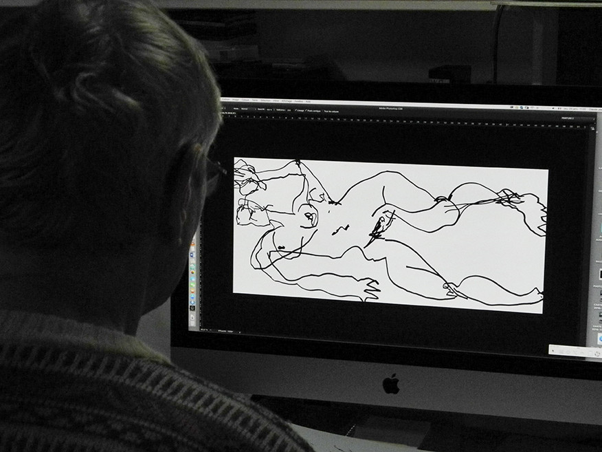 numérisation des dessins, auxquels sont attribuées des couleursarbitraires pour aider à dessiner les tracés sur les grandes feuilles de polyester