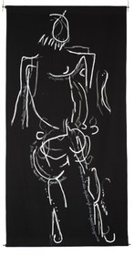 toile tissu noir - dessins de Mado numérisés et agrandis par vidéo projectionDessin à la peinture acrylique blanche, directement au tube, pour créer unrelief, perceptible par les non voyants.200 x 100     2009-2010NDM - DE - DOS