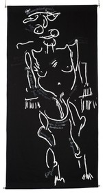 toile tissu noir - dessins de Mado numérisés et agrandis par vidéo projectionDessin à la peinture acrylique blanche, directement au tube, pour créer unrelief, perceptible par les non voyants.200 x 100     2009-2010NDM - CL -FACE