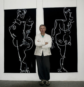 Dans mon atelier devant 2 toiles de DANS LA NUIT DE MADO