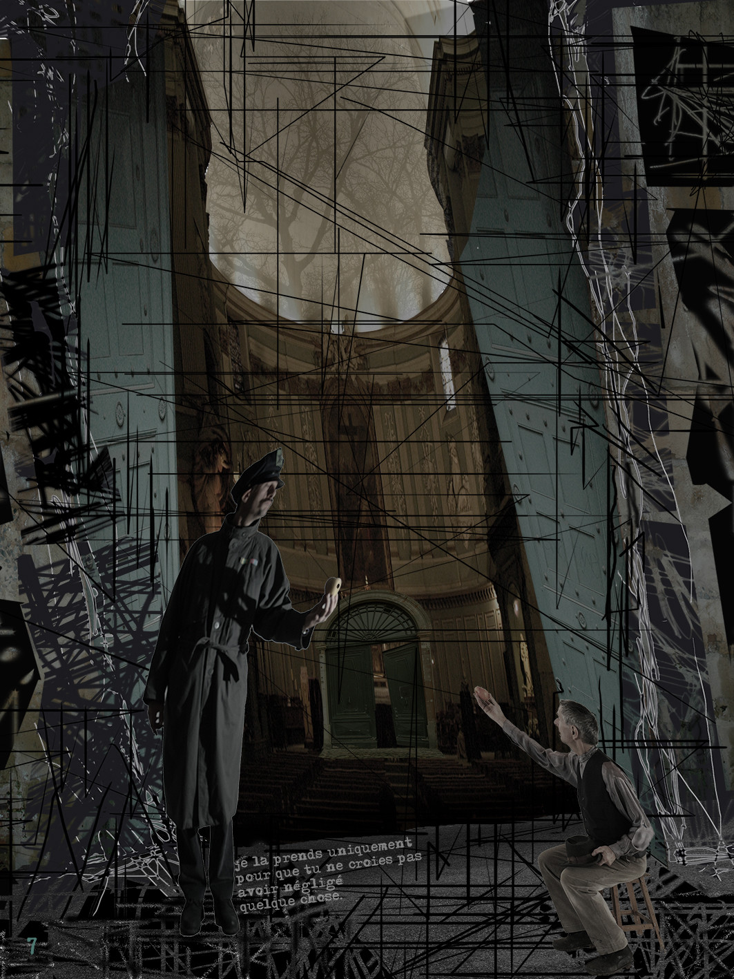 DEVANT LA LOI 7image en hauteur, au format 30 x 40 cm   existe aussi au format 60 x 80Photo montages numériques, dessin, blue screen, impression jet d’encres aux pigments.