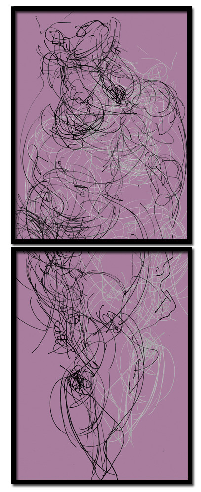 CL  MA  FACE LILASDESSIN EN AVEUGLE, les yeux bandés, par touché du corps. Dessins repris scannés et travaillés sur palette graphique. Chaque image, au format 30 x 40, est imprimée par jet d'encres aux pigments.Les initiales désignent en premier celui qui dessine, en second, celui qui est dessiné80 X 30   octobre 2010