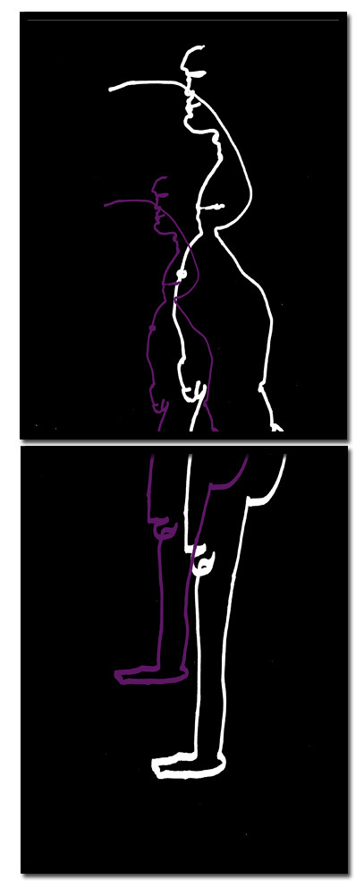 MA  CL  PROFIL DOUBLEDESSIN EN AVEUGLE, les yeux bandés, par touché du corps. Dessins repris scannés et travaillés sur palette graphique. Chaque image, au format 30 x 40, est imprimée par jet d'encres aux pigments.Les initiales désignent en premier celui qui dessine, en second, celui qui est dessiné80 X 30   octobre 2010