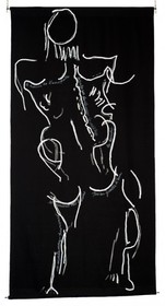 NDM_CL_dostoile tissu noir - dessins de Mado numérisés et agrandis par vidéo projectionDessin à la peinture acrylique blanche, directement au tube, pour créer unrelief, perceptible par les non voyants.200 x 100     2009-2010