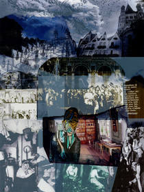 KAFKA. LE CHATIMENT D'AMALIA 12Description :Cependant il est de notre devoir de veiller sur son confort, y compris en éliminant des perturbations qui n’en sont pas pour lui. Car pour lui il n’en existe sans doute aucune.Image en hauteur au format 30 x 40 cm.Photo montages numériques, dessin, impression par jet d’encres aux pigments, sur des transparents superposés.