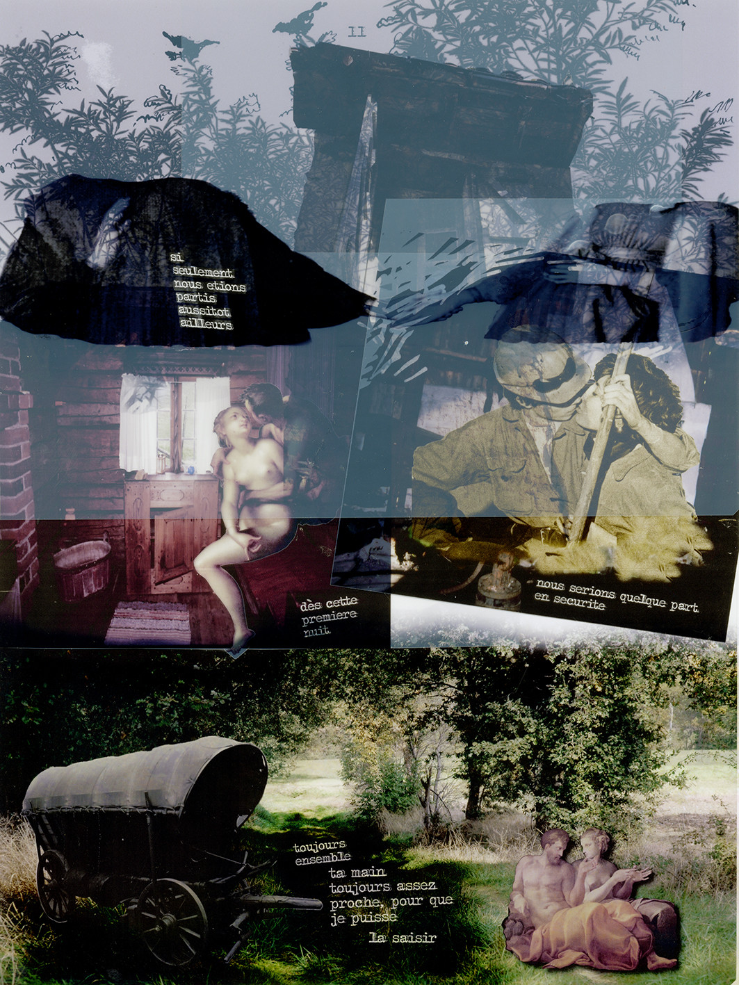 KAFKA. LE CHATIMENT D'AMALIA 11Description :Si seulement nous étions partis aussitôt ailleurs, dès cette première nuit, nous serions quelque part en sécurité, toujours ensemble, ta main toujours assez proche, pour que je puisse la saisir.Image en hauteur au format 30 x 40 cm.Photo montages numériques, dessin, impression par jet d’encres aux pigments, sur des transparents superposés.