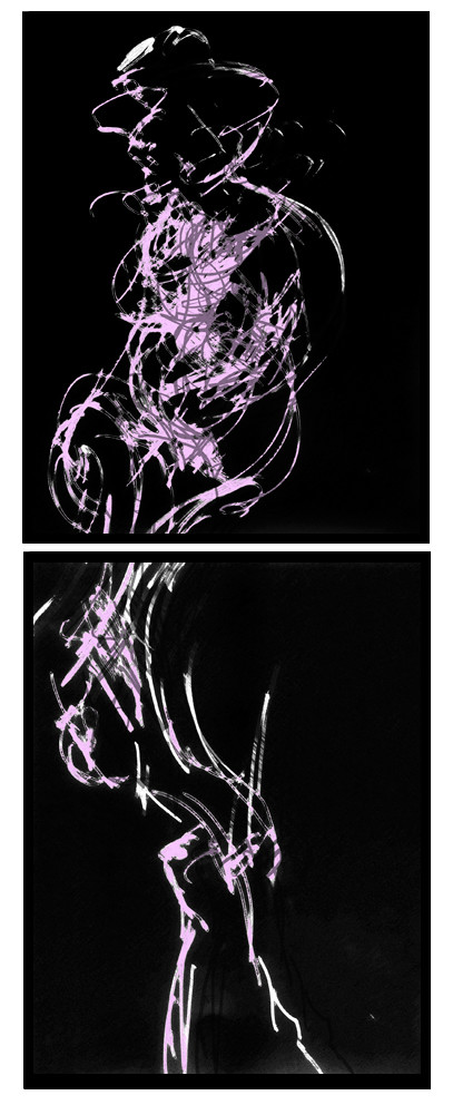 CL  BL 4DESSIN EN AVEUGLE, les yeux bandés, par touché du corps. Dessins repris scannés et travaillés sur palette graphique. Chaque image, au format 30 x 40, est imprimée par jet d'encres aux pigments.Les initiales désignent en premier celui qui dessine, en second, celui qui est dessiné80 X 30   octobre 2010