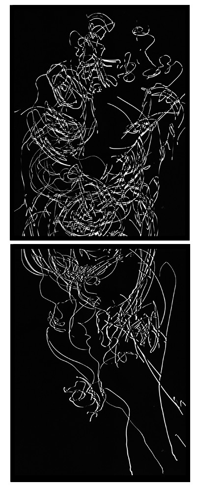 CL  HE FACES NOIRESDESSIN EN AVEUGLE, les yeux bandés, par touché du corps. Dessins repris scannés et travaillés sur palette graphique. Chaque image, au format 30 x 40, est imprimée par jet d'encres aux pigments.Les initiales désignent en premier celui qui dessine, en second, celui qui est dessiné80 X 30   octobre 2010