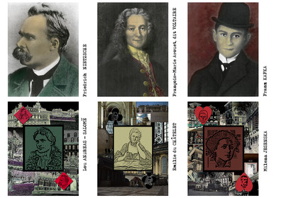 Kafka sur kafkaDeux présentations:       CARTON À DESSIN FORMAT 1 4 RAISIN       6 PLANCHES INDÉPENDANTES AU FORMAT 60 X 40Photomontages, et manipulations plastiques2013