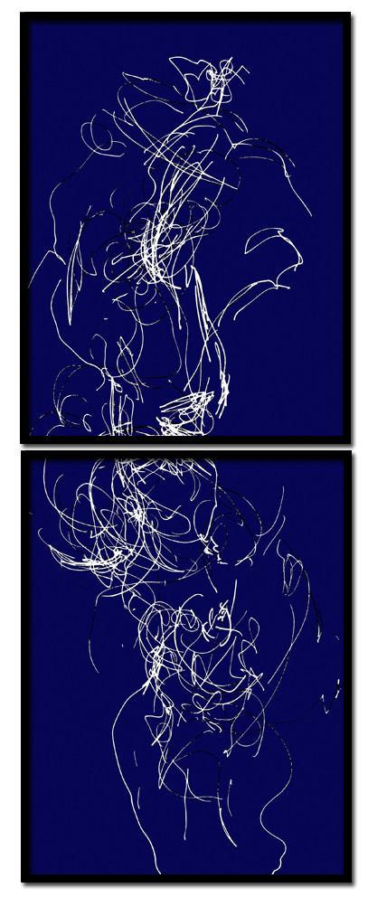 CL__H__DOS_BLEU.DESSIN EN AVEUGLE, les yeux bandés, par touché du corps. Dessins repris scannés et travaillés sur palette graphique. Chaque image, au format 30 x 40, est imprimée par jet d'encres aux pigments.Les initiales désignent en premier celui qui dessine, en second, celui qui est dessiné80 X 30   octobre 2010